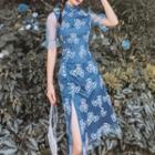 Mesh Panel Short-sleeve Qipao