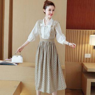Set: Bow Accent Long Sleeve Blouse + Lace Suspender Skirt