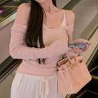 Mock Two-piece Long-sleeve Off-shoulder Knit Top White - One Size