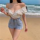 Off-shoulder Ruffle-trim Wrapped Crop Top / Lace-up Denim Hot Shorts