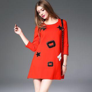 3/4-sleeve Beaded A-line Dress