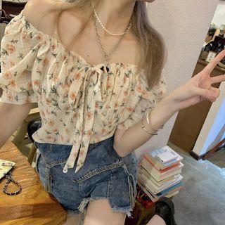 Chiffon Floral Off-shoulder Short-sleeve Shirt Chiffon Floral - One Size
