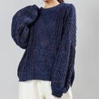 Crew-neck Chunky Knit Sweater Navy Blue - One Size