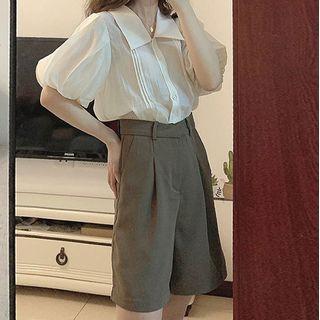 Puff-sleeve Lapel Plain Shirt / High-waist Plain Dress Shorts / Set