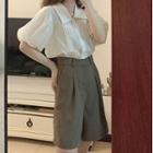 Puff-sleeve Lapel Plain Shirt / High-waist Plain Dress Shorts / Set