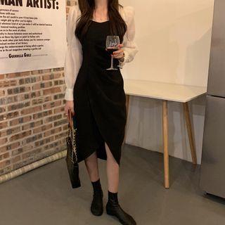 Puff-sleeve Square-neck Ruched Dress