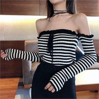 Off-shoulder Striped Knit Top Black - One Size