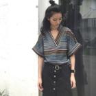 Striped V-neck Elbow Sleeve T-shirt