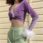 Long-sleeve Fluffy Trim Tie-front Crop Top