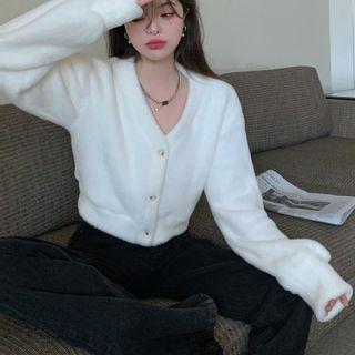 V-neck Plain Woolen Button-up Cropped Cardigan White - One Size
