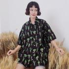 3/4-sleeve Cactus Print Chiffon Shirt Black - One Size