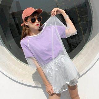 Set: Net Short-sleeve Top + Plain Short-sleeve T-shirt + Metallic Shorts