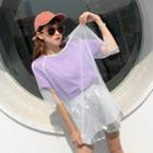 Set: Net Short-sleeve Top + Plain Short-sleeve T-shirt + Metallic Shorts