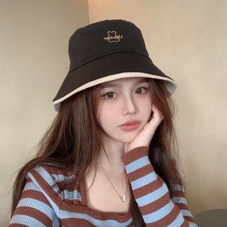 Bear Embroidered Bucket Hat 55-58cm - Black - One Size