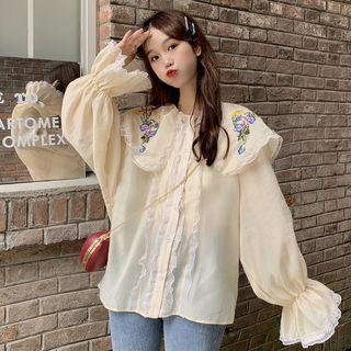 Peter Pan Collar Embroidered Blouse As Shown In Figure - One Size