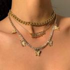 Set: Alloy Choker + Rhinestone Lettering Necklace + Butterfly Pendant Necklace