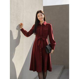 Puff-sleeve Flap-pocket Midi Dress With Sash