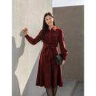 Puff-sleeve Flap-pocket Midi Dress With Sash