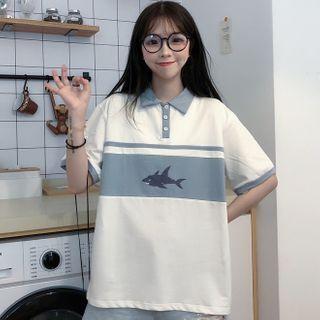 Shark Print Collared Short-sleeve T-shirt