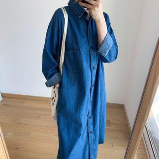 Denim Midi Shirtdress With Sash Dark Blue - One Size