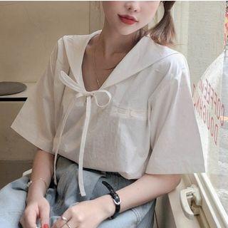 Plain Bow Accent Sailor-collar Blouse White - One Size
