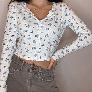 Button-down Floral-print Knit Cropped Cardigan