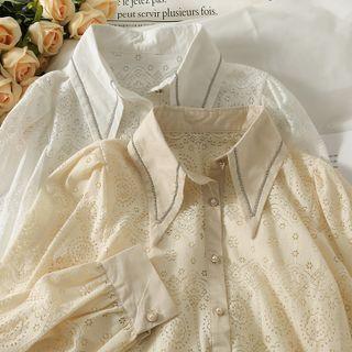 Eyelet Puff-sleeve Loose Shirt