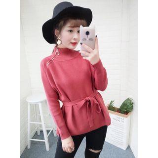 Mock-neck Tie-waist Sweater