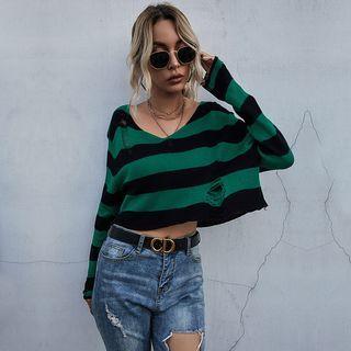 V-neck Striped Distressed Cropped Knit Top