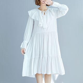 Long-sleeve Ruffle A-line Dress White - One Size