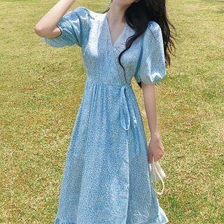Floral Puff-sleeve Tie-waist Midi A-line Dress
