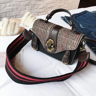 Plaid Panel Faux Leather Satchel Bag