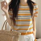 Short-sleeve Striped Knit Top Stripe - Yellow - One Size