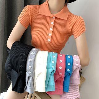 Short-sleeve Ribbed Slim-fit Knit Polo-shirt