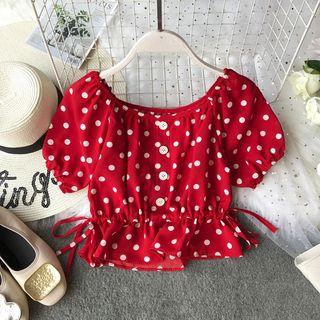 Short-sleeve Dotted Drawstring Waist Crop Top