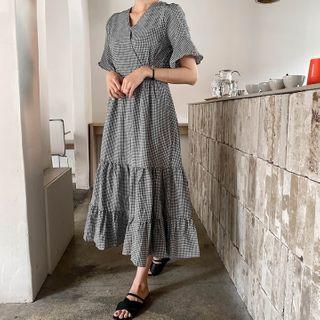 Gingham Tiered Long Wrap Dress