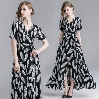 Leaf Print Tie-waist Short-sleeve Maxi A-line Dress