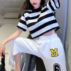 Short-sleeve Striped T-shirt / Number Applique Slit Wide Leg Pants