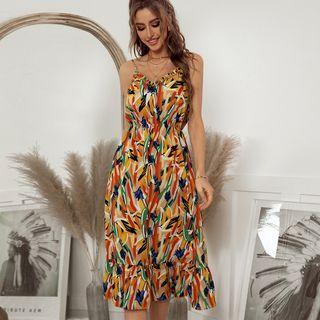 Printed Spaghetti-strap V-neck A-line Midi Dress