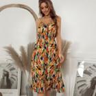 Printed Spaghetti-strap V-neck A-line Midi Dress
