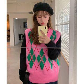 Argyle V-neck Knit Vest Rose Pink - One Size