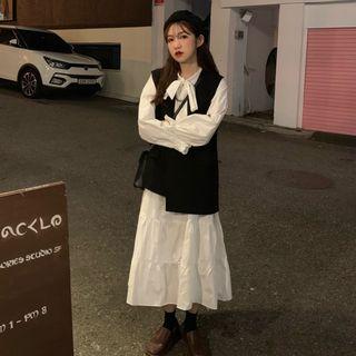 Double-breasted Vest / Long-sleeve Midi A-line Dress