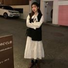 Double-breasted Vest / Long-sleeve Midi A-line Dress