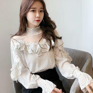 Mock Neck Ruffle-trim Mesh Panel Dotted Blouse
