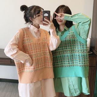 Plaid Knit Vest / Plaid Knit Shawl / Plain Shirtdress