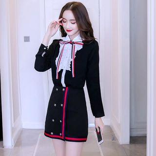 Set: Frill Trim Tie-neck Blouse + Double-breasted Mini A-line Skirt