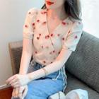 Puff Sleeve V-neck Rose Embroidered Mesh Wrap Blouse