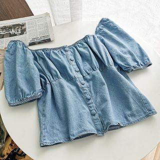 Puff-sleeve Ruffle-trim Cropped Blouse Blue - One Size