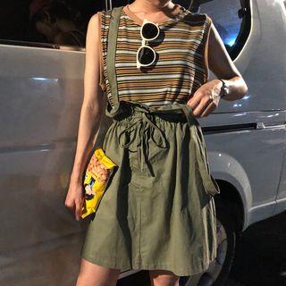 Striped Sleeveless T-shirt / Drawstring A-line Jumper Skirt
