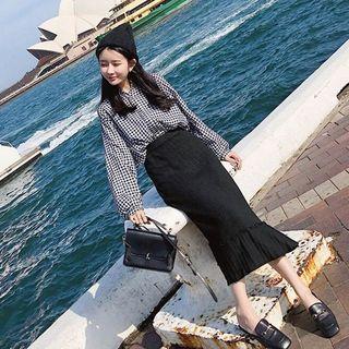 Set: Check Shirt + A-line Midi Skirt